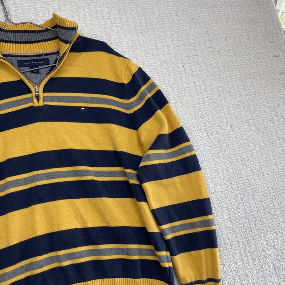 TOMMY HILFIGER Mens Patterned Jumper Yellow Striped 1/4 Zip Tight Knit M. Read - Picture 4 of 12
